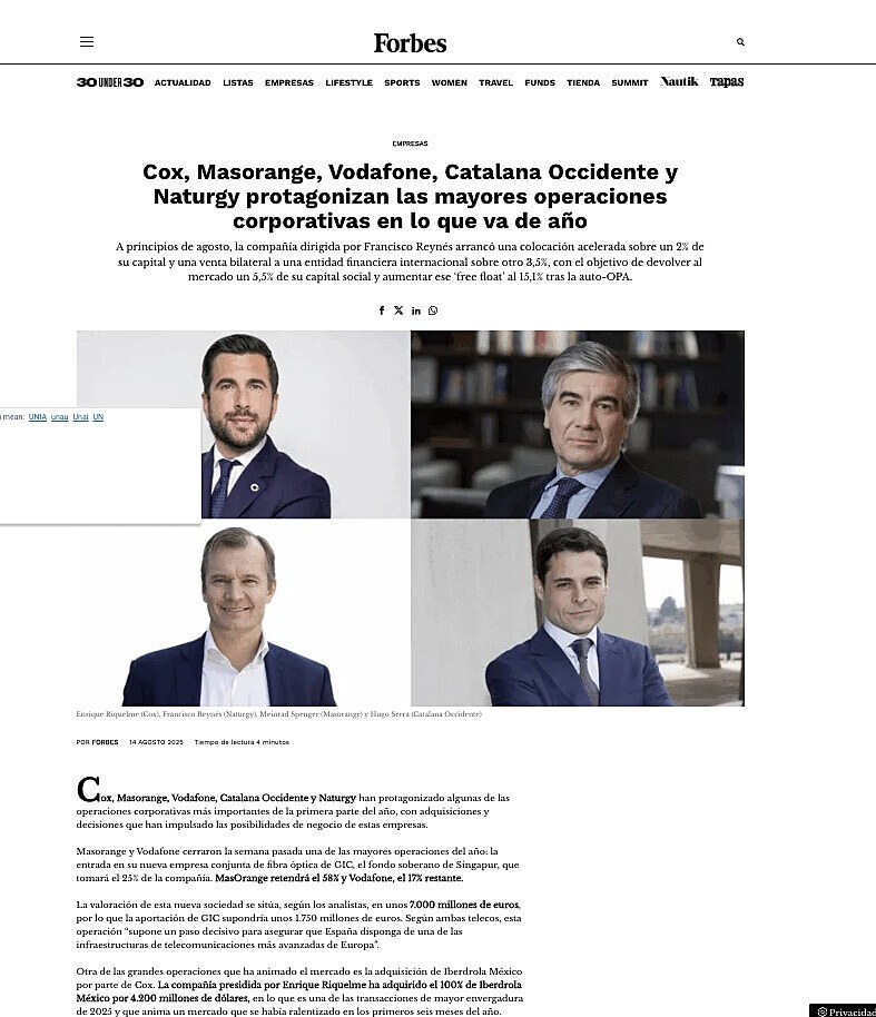 Cox, Masorange, Vodafone, Catalana Occidente y Naturgy protagonizan las mayores operaciones corporativas en lo que va de ao